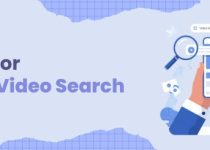 The image features a digital illustration showing hands holding a smartphone displaying a video search, surrounded by magnifying glasses and video-related icons. The background includes geometric shapes, and the title "Top tips for Reverse Video Search" is prominently displayed in a modern, bold font. The design uses a blue color theme, with soft gradients and subtle textures.