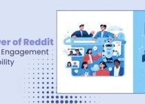 An informational graphic titled 'The Dual Power of Reddit: How to Win Both Engagement and Search Visibility,' showing a group of diverse people interacting with a social media platform and a large computer server being analyzed by a magnifying glass.