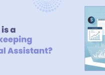 The image is an infographic-style banner with the title "What is a Bookkeeping Virtual Assistant?" in large, dark purple text on a light purple background. The text is slightly to the left of the center. To the right, an illustration shows a woman with a headset working at a desk with a laptop, calculator, and various charts and financial documents. The documents include a ledger and graphs showing an upward trend. Dollar signs are floating around the image. The logo of Use Per Wish is in the top left corner. The overall design features geometric shapes and a dotted pattern.