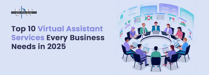 A blog banner titled "Top 10 Virtual Assistant Services Every Business Needs in 2025," featuring an illustration of business professionals around a meeting table interacting with holographic screens.