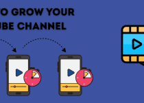 "Infographic guide to growing your YouTube channel: illustration showing three smartphones with increasing video play progress bars and watch time clocks, connected by arrows leading to a large film reel icon with play buttons