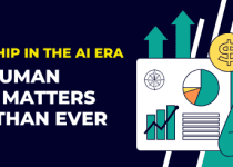 Promotional banner for "Leadership in the AI Era" featuring a modern flat-lay illustration of a business professional, data visualizations, and financial growth icons.