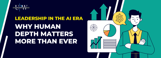 Promotional banner for "Leadership in the AI Era" featuring a modern flat-lay illustration of a business professional, data visualizations, and financial growth icons.