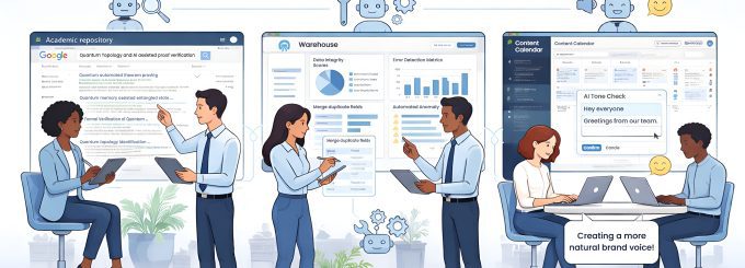 Illustration showing how human virtual assistants improve AI workflows—conducting research, cleaning and organizing data, and refining social media content for a more natural brand voice.
