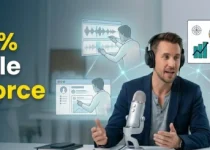 Podcast host recording with microphone while an invisible team of virtual assistants handles editing, analytics, and social media in the background, illustrating the concept of a 75% invisible workforce.