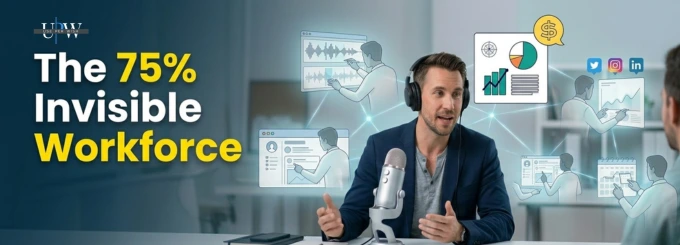 Podcast host recording with microphone while an invisible team of virtual assistants handles editing, analytics, and social media in the background, illustrating the concept of a 75% invisible workforce.